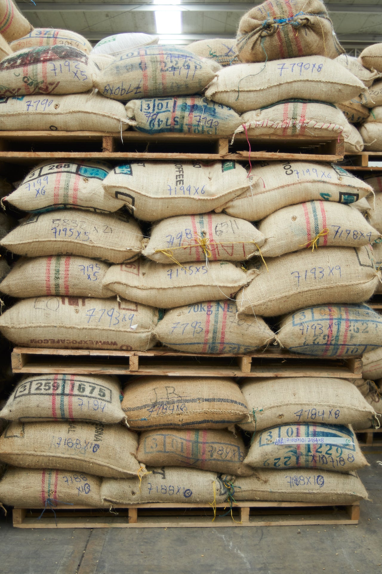 Cafe imports coffee for Redhawk Coffee Roasters Burlap Green coffee bags stacked up on pallets.