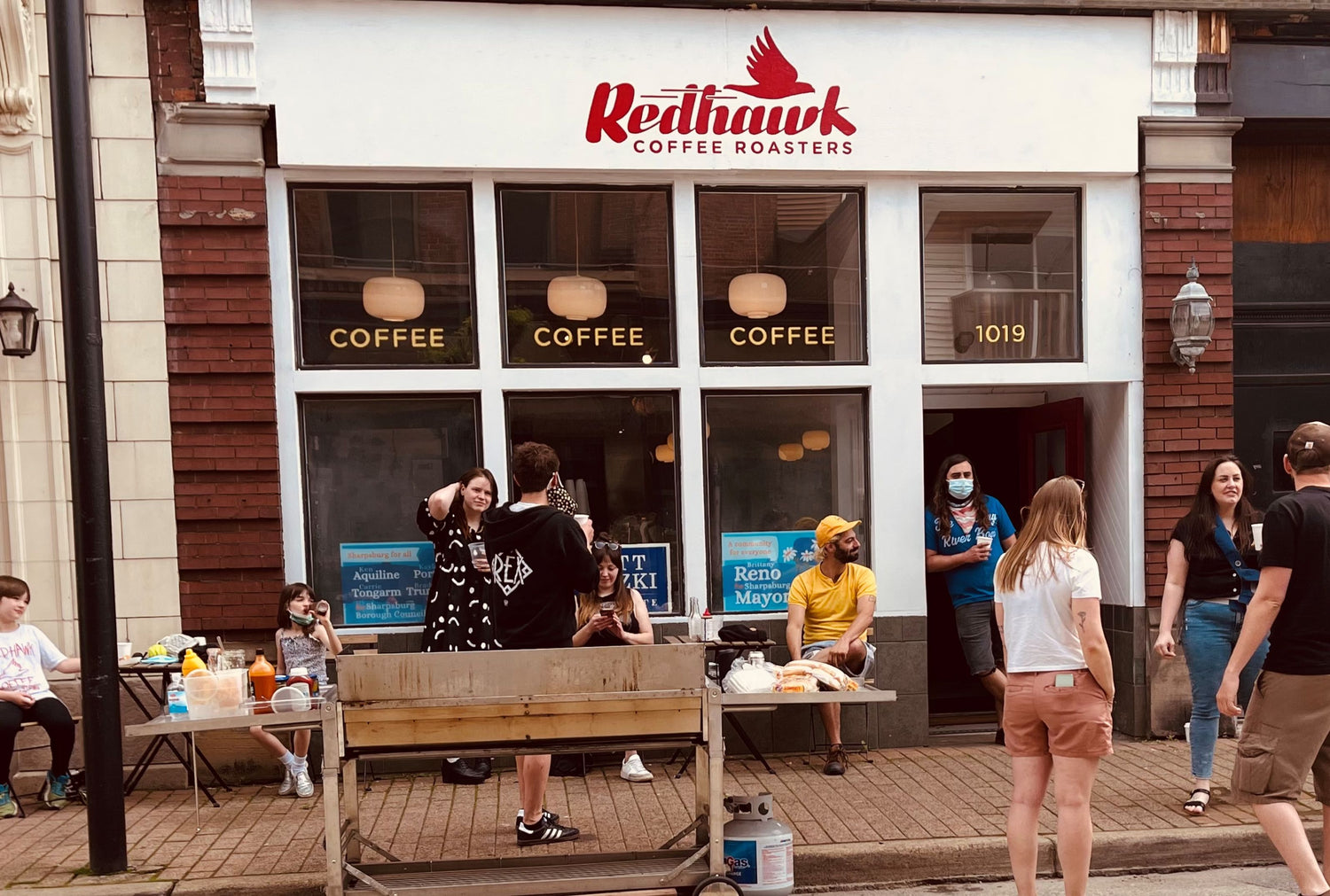 Redhawk Coffee Roasters Crew outside of the Sharpsburg cafe