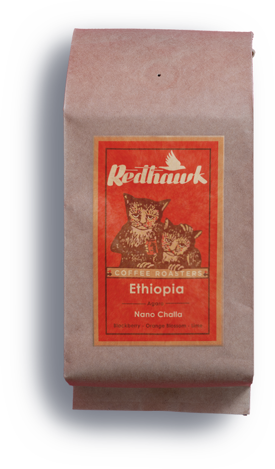 Redhawk Coffee Roasters Ethiopia Nano Challa beans with two cats label