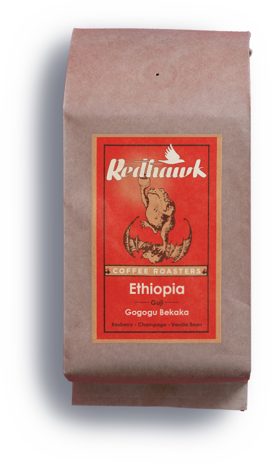 Redhawk Coffee Roasters Ethiopia Gogogu Bekaka Beans with frog bat logo