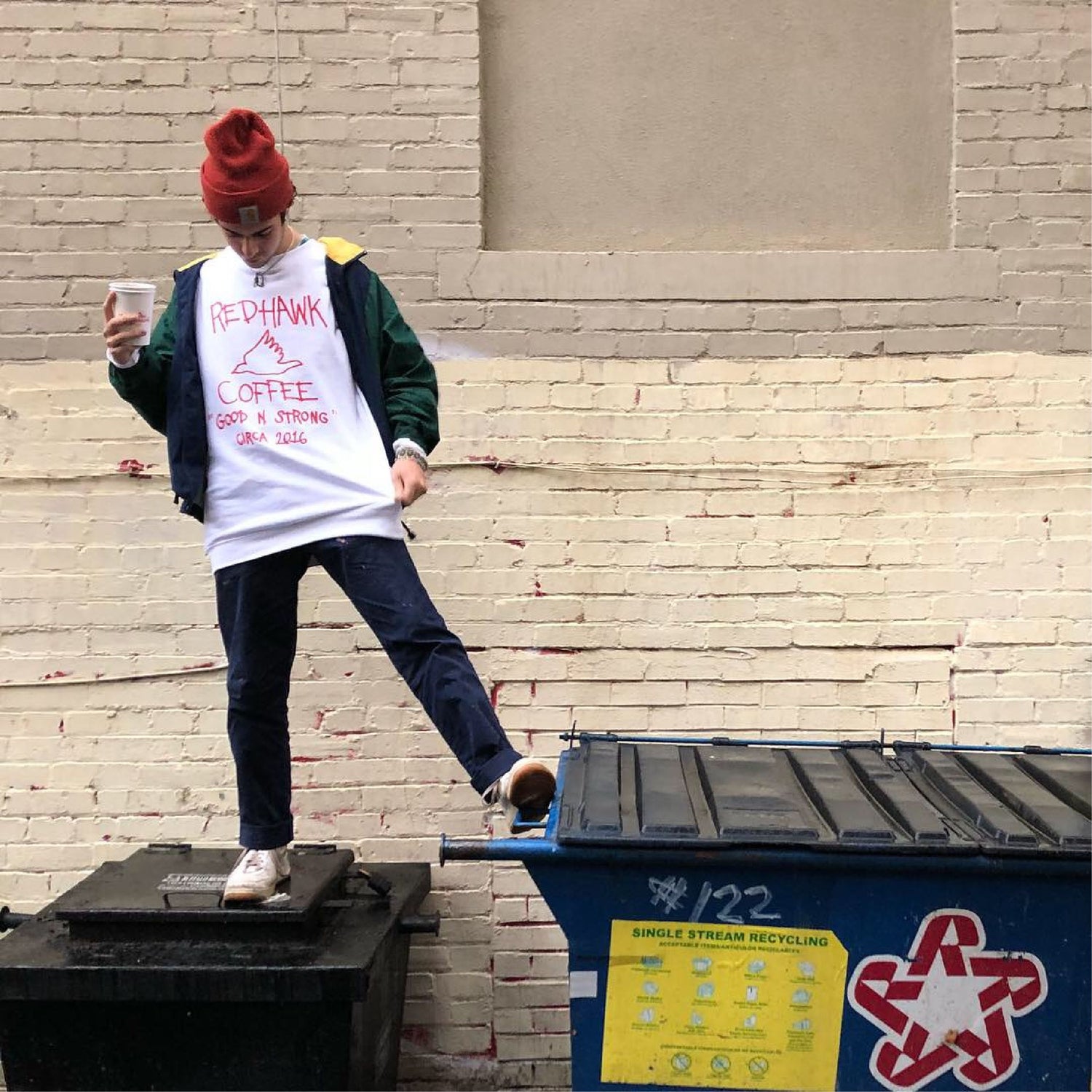 Redhawk coffee "Good N Strong" Circa 2016 shirt on Lorenzo on Dumpsters