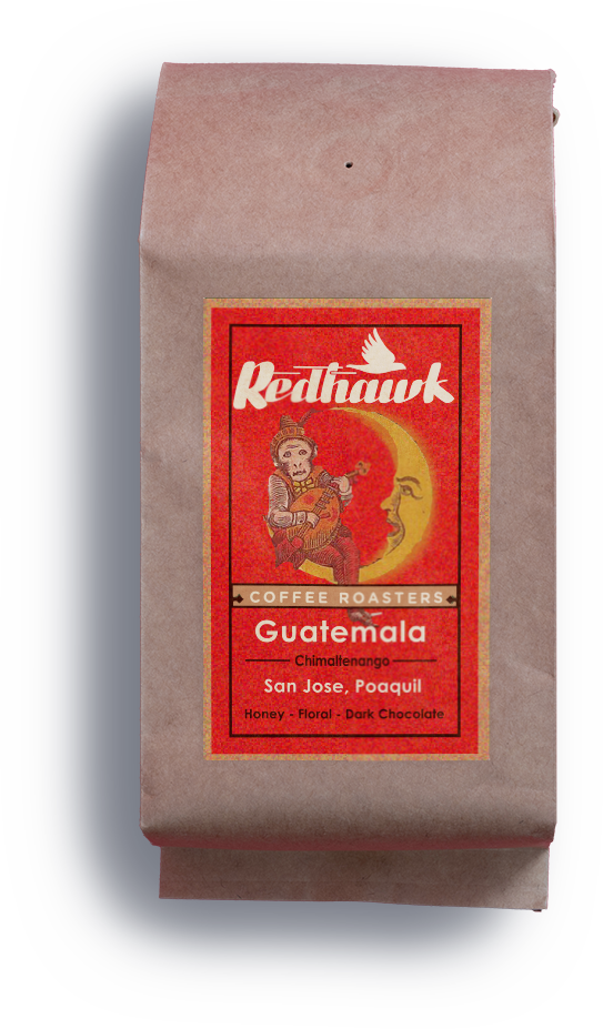 Redhawk Coffee Roasters Guatemala Beans with monkey in moon label
