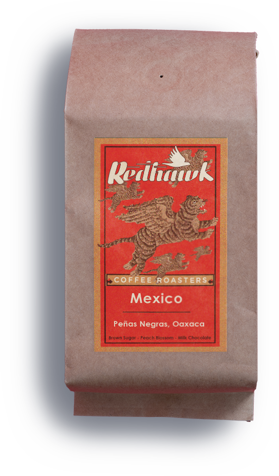 Redhawk Coffee Roasters Mexico Penas Negras Oaxaca beans with flying tiger label.